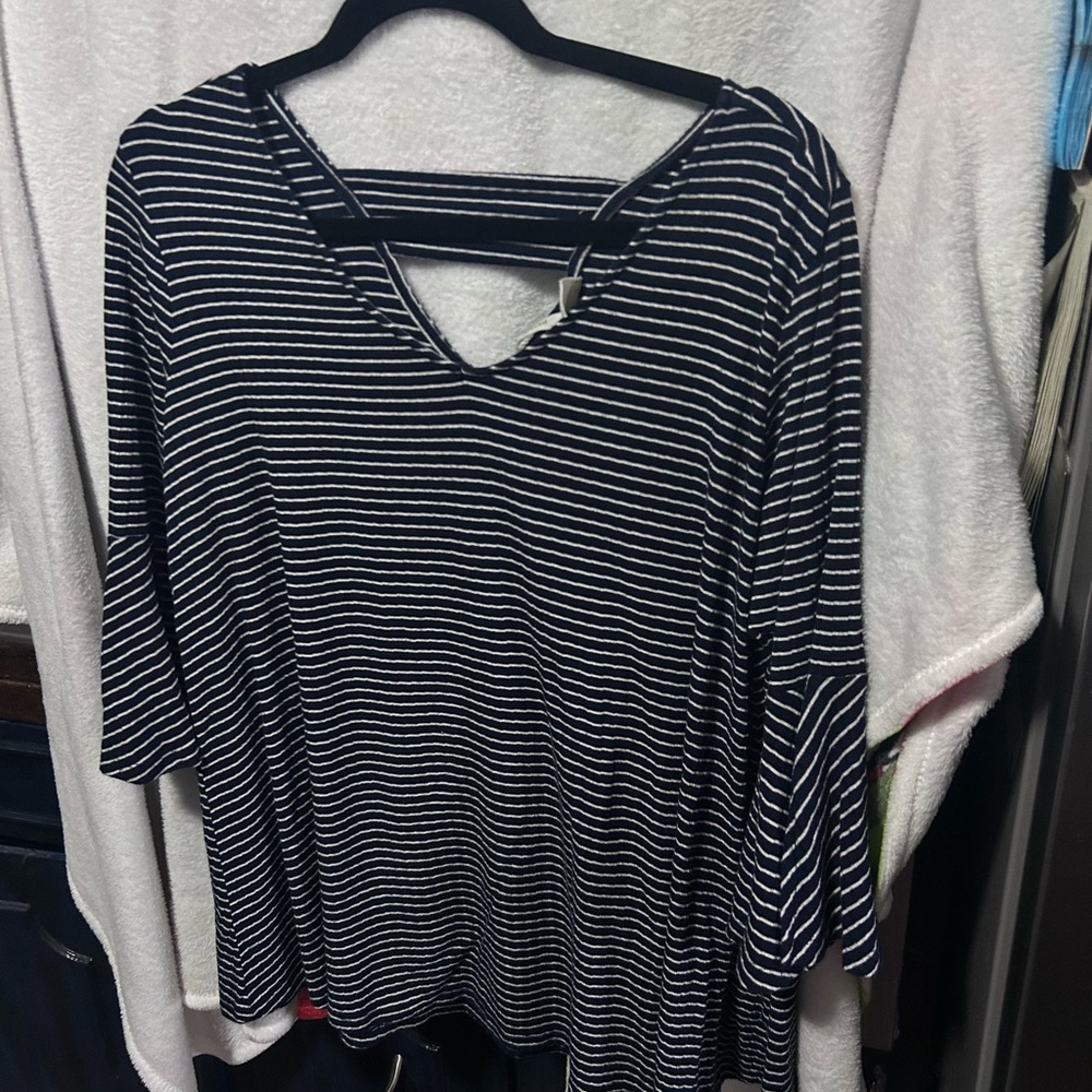 Blue and white striped top, 3/4 length sleeves